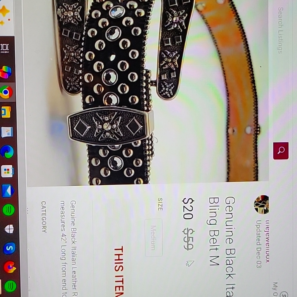 Genuine Black Italian Leather Studded Cross Bling Belt
